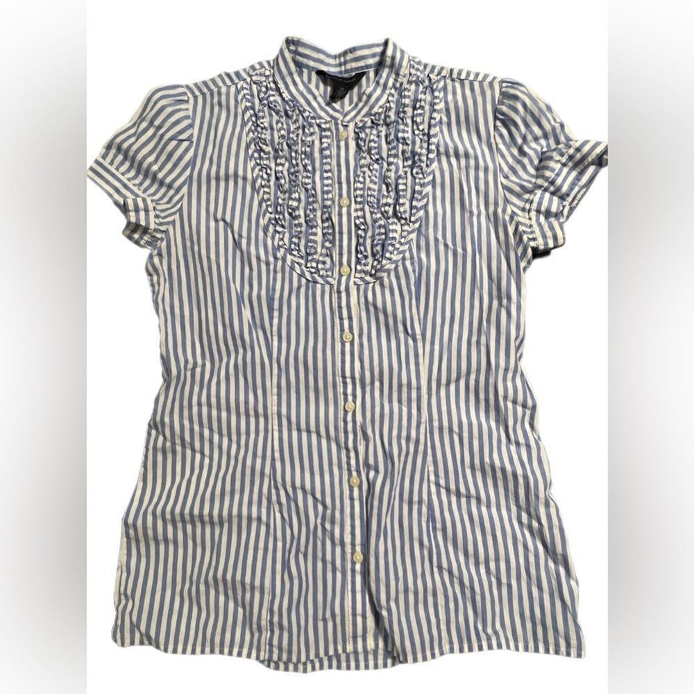 Tommy Hilfiger Ruffled Button-down Blouse White Blue Sz S